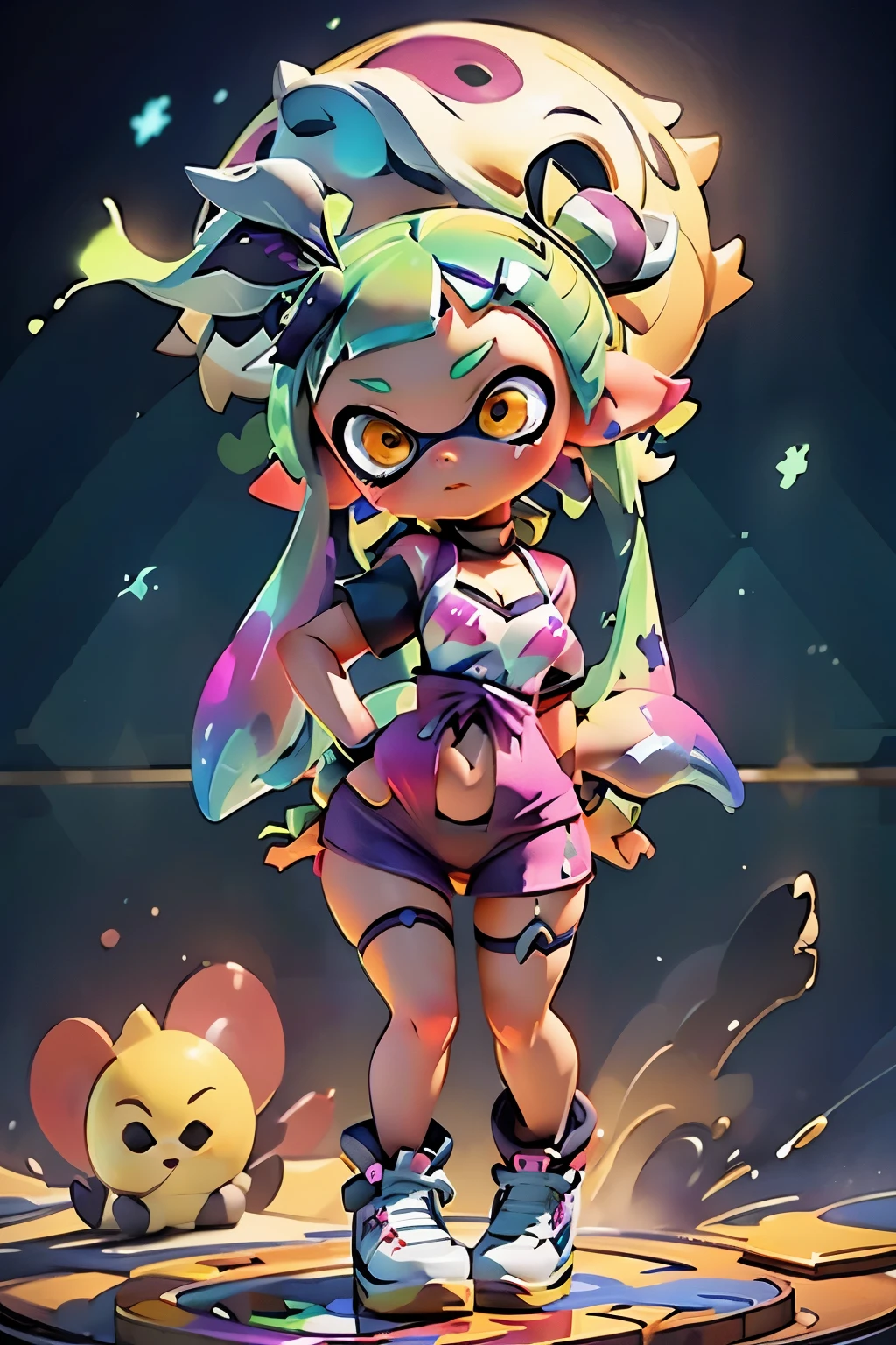 masterpiece, Highest quality, 8K, Real Anime、、Cinematic Light,tchibi, One Splatoon girl,Full Body Lesbian,Russia, ((Rainbow colored tentacle hair)), ((Micro Thong)),((Neon purple sweatshirt)), ((Golden Eyes)), Complex eyes,Beautiful attention to detail,Symmetrical eyes, A slightly thinner face、blush、Ponytail tentacle hair,(Pointy Ears),Wide Hips, cute,(Tear:1.5, Unzip),((Underbust:1.5)), ((thigh_strap)),(((liquid paint hair:1.1))),
Shiny skin:1.5,Light Skin: 1.5,Sunburned skin,Shiny skin,very Shiny skin,Shiny body,Glowing Skin,Wet Skin,
(Browsing Caution:0.55), ((gigantic breast, Cleavage、Small waist, Baby Face)), (Vibrant colors),(Rave Graffiti Scenery, Graffiti art),