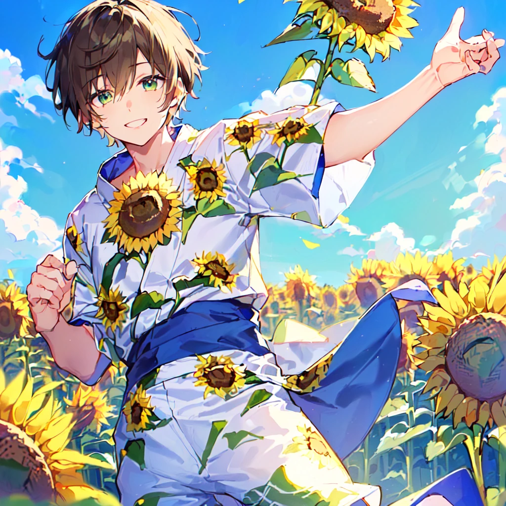 masterpiece, best quality, high quality, extremely detailed, (1 male age 30, solo: 1.5), (short short hair up to neck, bangs up to eyes: 1.5), (hair color brown), (eyes yellowish green: 1.3), 8 head tall, slender nose, expression (yukata short sleeve sunflower print in summer with pants: 1.3), (running), (dynamic pose), (smiling: 1.3), (background sunflower field: 1.3), (blue sky: 1.3)