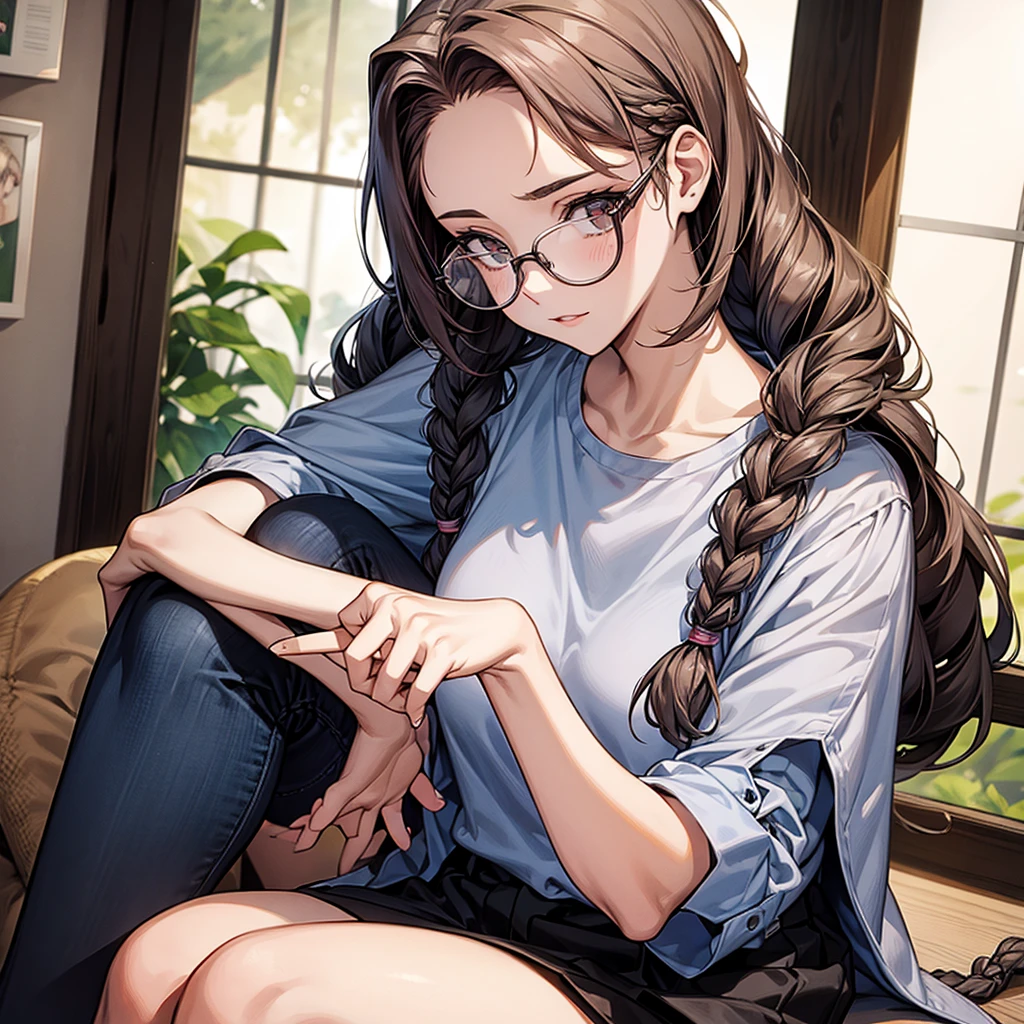 17 year old girl wears glasses and braids her hair.