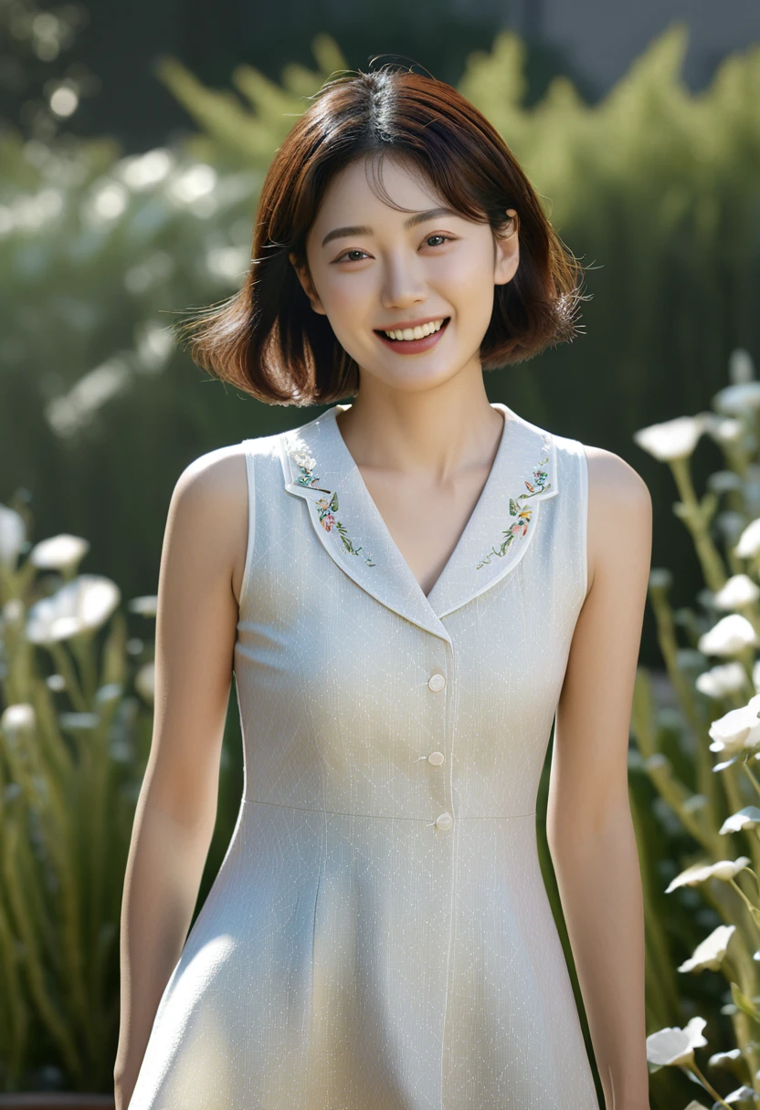 1 woman, (Wearing a sleeveless high-quality brand dress with good texture:1.6),(raw photo, best quality), (realistic, photo-realistic:1.4), masterpiece, Very delicate and beautiful Korean woman, very detailed, 2k wallpaper, amazing, in detail, very detailed CG unity 8k wallpaper, very detailed, mackerel, soft light, Beautiful and detailed 36 year old woman, very detailed eyes and face, beautiful and delicate nose, beautiful detailed eyes,cinematic lighting,(in the garden:1.6),complete anatomy,slim body,(laugh:1.4),(young girl:1.4),(cowboy shot:1.6),(look at the viewer:1.4),(front view:2.0),cinematic angle, Inspired by Yoo Ji-in,standing,(split:0.8), Short hair