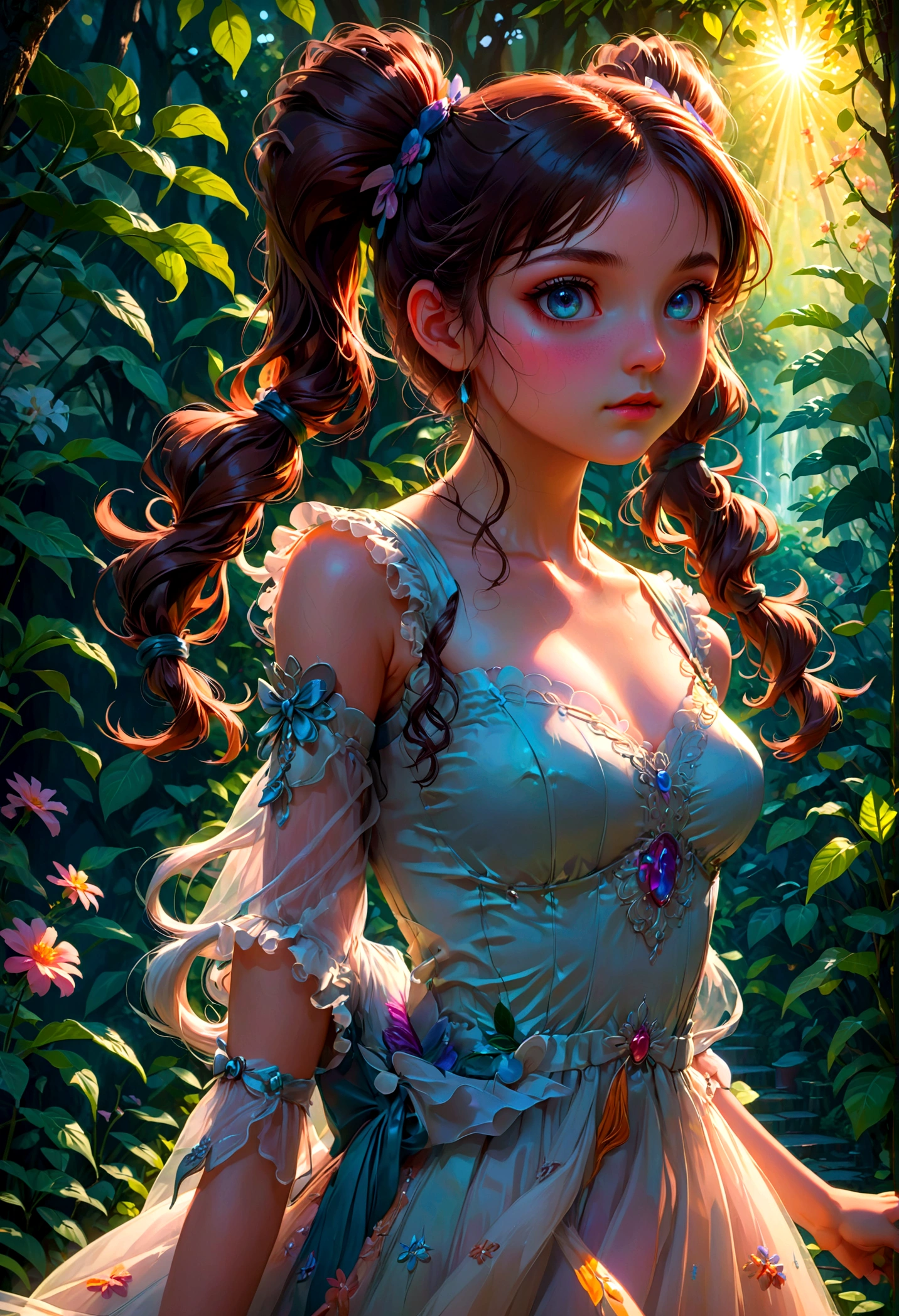 1girl, Twin Tails, A beautiful young girl with twin tails hairstyle, extremely detailed eyes and face, longeyes, flowing hair, intricate dress, delicate features, serene expression, standing in a lush garden, sunlight filtering through the trees, vibrant colors, warm lighting, (4k,8k,highres:1.2), ultra-detailed, portrait, fantasy, masterpiece, best quality, very aesthetic, absurdres