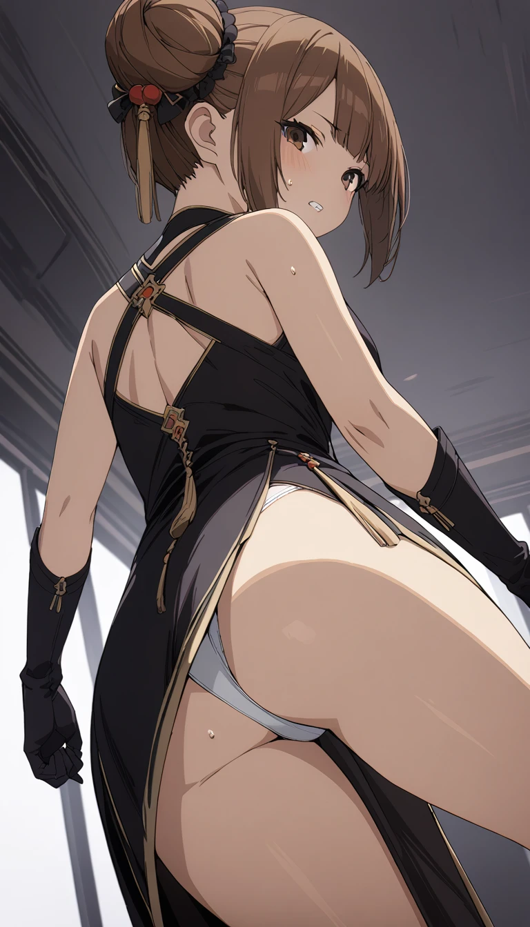 (masterpiece:1.2), Hyper Detail, Highest quality, (Complex_detailed:1.1), Beautiful details, 美しいhair, alone, One girl,Run,One girl,BROWN hair,Double Bang,Brown eyes,hair_ornament,Black Dress,Bare shoulders, gloves, Pelvic Curtain, boots,Back to viewers,((From behind)),((From below)),teeth,White Thong,sweating,vapor,((Leg spread)),Focus on the legs
