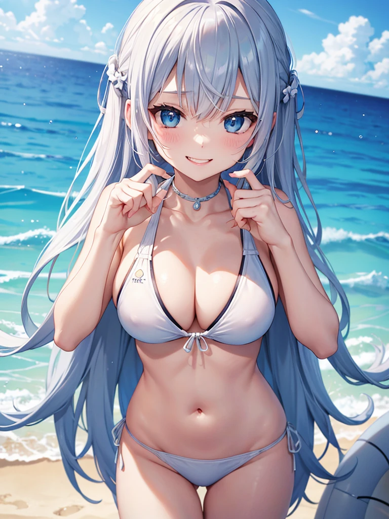 {{{{swim ring,swim tube}}}}、White swimsuit、Half Twin、Silver Hair、Vampire、Wavy long hair、Ocean、blue sky、swim ringに乗る、Swim ring、Tsundere girl、luxuryなWhite swimsuit、bikini、Lots of decorations and accessories、Vampire motif、evil smile、dynamic angle、Big Breasts、swim ring、A flirty date、Holding boyfriend&#39;s hand、Double teeth、Splash、luxury、Popularity