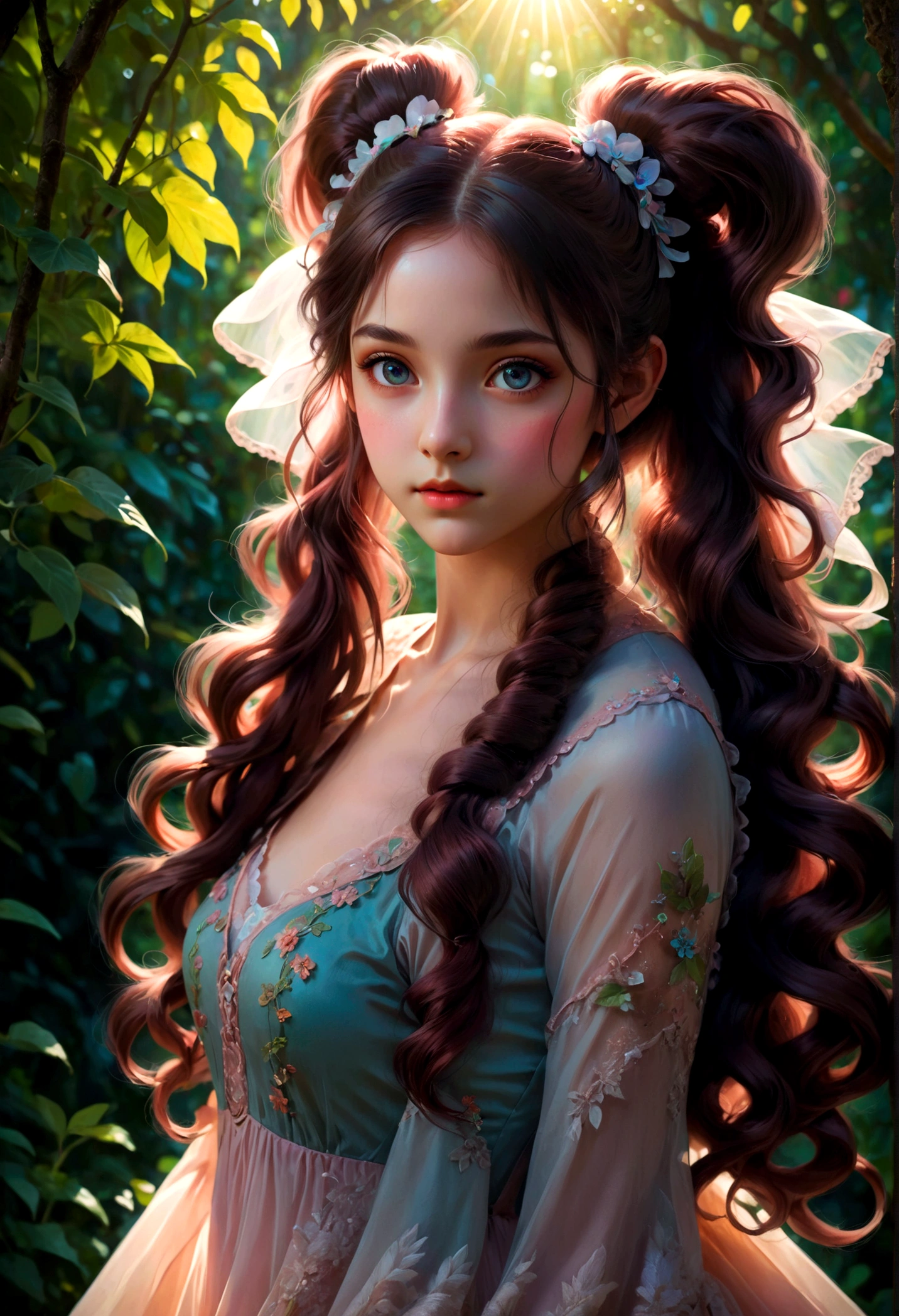 1girl, Twin Tails, A beautiful young girl with twin tails hairstyle, extremely detailed eyes and face, longeyes, flowing hair, intricate dress, delicate features, serene expression, standing in a lush garden, sunlight filtering through the trees, vibrant colors, warm lighting, (4k,8k,highres:1.2), ultra-detailed, portrait, fantasy, masterpiece, best quality, very aesthetic, absurdres