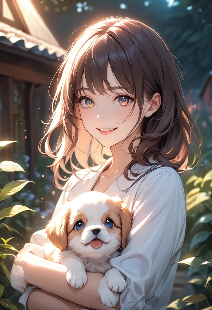 (masterpiece:1.5),(Beat quality),(high res),1girl solo,beautiful face,smile(shining eyes),upper body,light effects,Plainclothes woman,puppy,garden