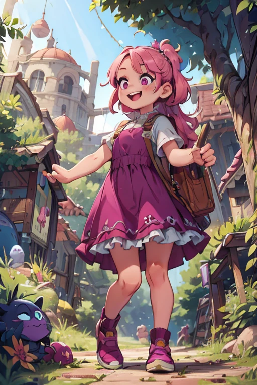 perfect face, perfect hands. A pink haired girl with violet eyes in a Gothic dress is exploring a cave with a big smile