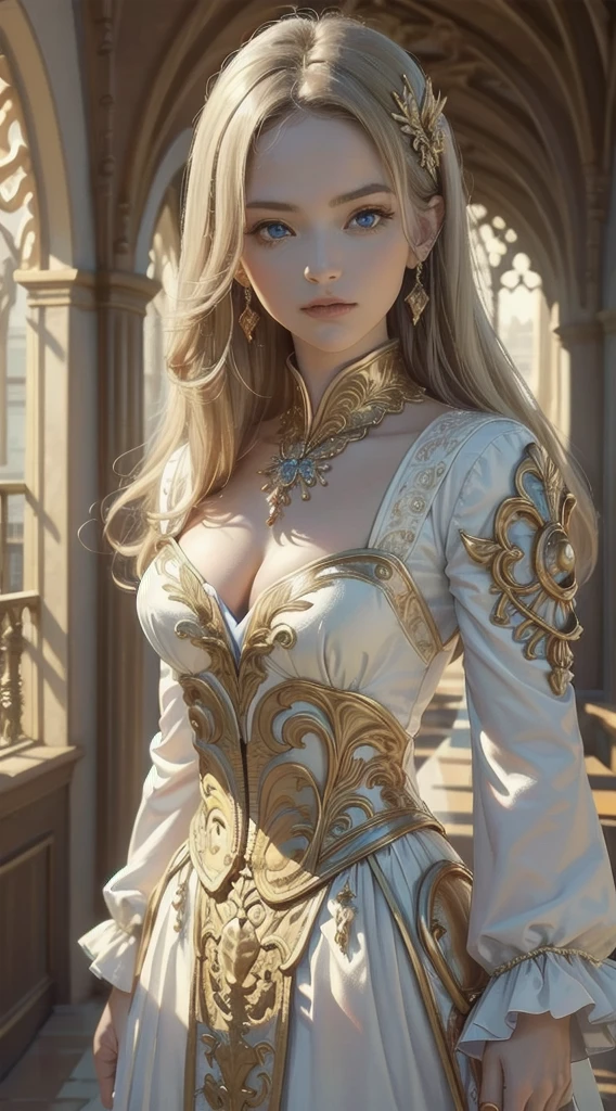 (Masterpiece, Best quality, Upper body:1.4), 1 Girl, (Close-up:1.1), Sublime walls, Castle hall, blue eyes, 8K, RAW photos, absurd, Fractal, Perspective, Depth of Field, High-density imaging review, Sharp focus, A high resolution, Photography, Realistic, Highest detail, extreme detailed details, Ultra-detailed, Fine details, IvoryGoldAI