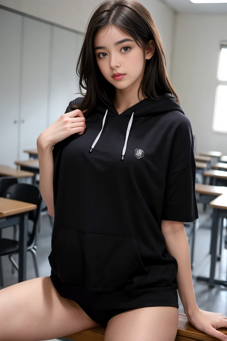 une femmes de 18 ans sexy et mince , black short sleeve hoodie , salle de classe, se touche,position sey,sensuel