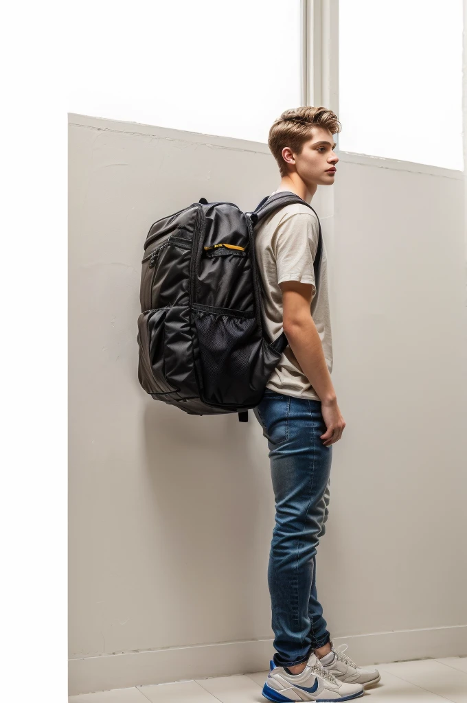 An 18-year-old,Swedish man,Soft Light,Young man full of masculinity,Muscular man side profile,whole body,(Light gray top:1.37),(jeans:1.37),Black sneakers,Golden brown hair , Light brown eyes, masculinity,A Swedish man carrying a backpack stands there,Carrying a backpack, Full length view, Carrying a big bag, Full Height View, Distant whole body view, whole body wide angle lens, (Studio white background:1.37)