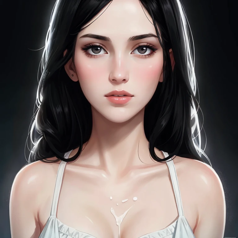 beautiful girl with realistic black eyes, pale skin, mid-length black hair, cum on perfect face, perfect eyes, wearing sheet sundress, highly detailed, comprehensive cinematic, digital painting, 8k, cinematic lighting, best quality, highres, detailed work, post-processing, perfect result, hyper realistic