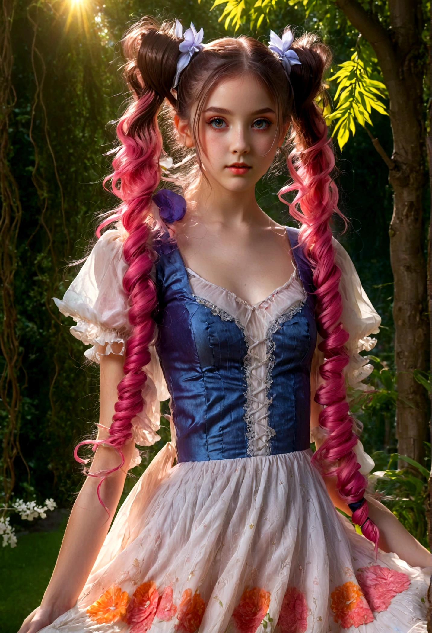 1girl, Twin Tails, A beautiful young girl with twin tails hairstyle, extremely detailed eyes and face, longeyes, flowing hair, intricate dress, delicate features, serene expression, standing in a lush garden, sunlight filtering through the trees, vibrant colors, warm lighting, (4k,8k,highres:1.2), ultra-detailed, portrait, fantasy, masterpiece, best quality, very aesthetic, absurdres