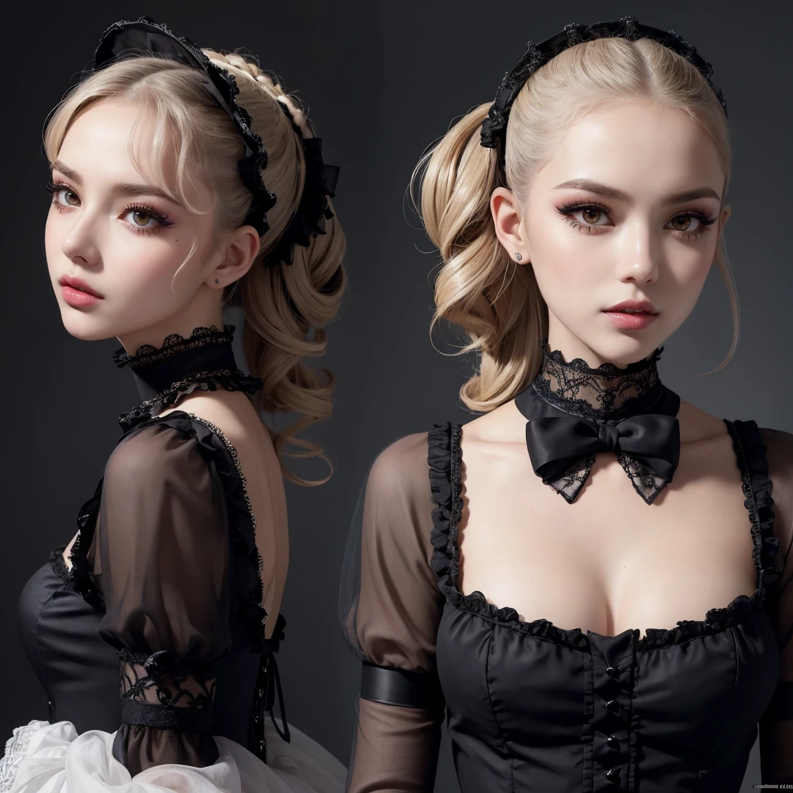 (Masterpiece, Best Quality), Illustration, Ultra-detailed, finely detail, Hight resolution, 8K Wallpaper, Perfect dynamic composition, cinematic lighting, portrait, looking at viewer, Beautiful detailed eyes, Sexy face, Perfect beautiful hands, Raw real photos, beautiful realistic face, beautiful face, perfect face, highly detailed beautiful face and eyes, attractive face, detailed face, delicate facial features, detailed skin, shiny skin, perfect anatomy, highly detailed background, elaborately designed, fine cloth texture, BREAK, (full body:1.6), (Shaved head:1.3), (perfect make-up, eyeshadow, lash extensions, lips:1.4), (Lolita fashion:1.5), (three view drawing, front and back and side, character sheet:1.3)