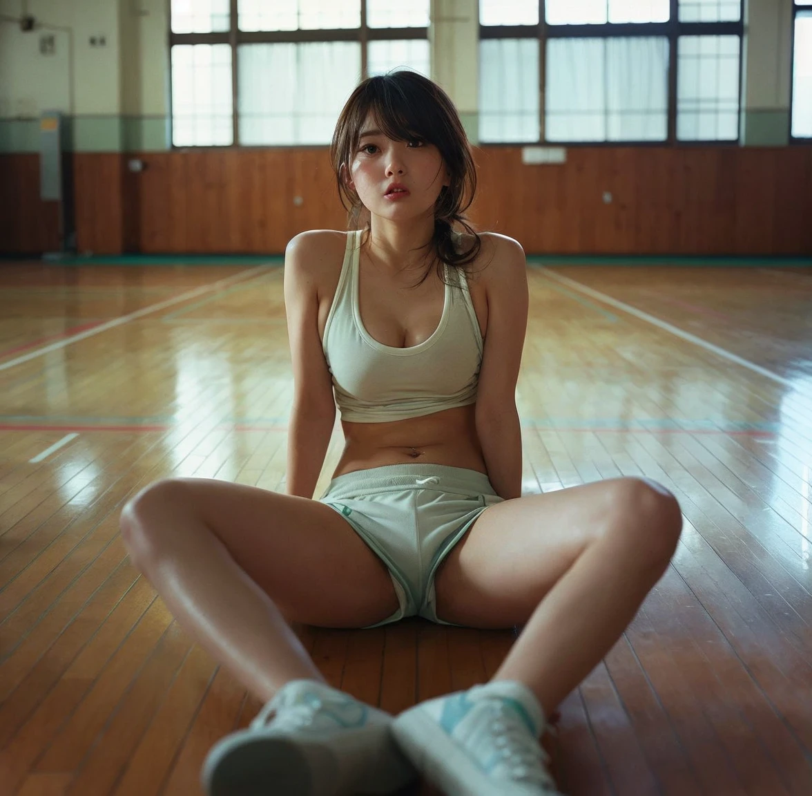Highest quality、high resolution、cute、Idol、gravure、Hair tied back、Melty face、Red cheeks、Narrow waist、Waistline、Spread your feet and put your heels together、sporty、uniform、Her nipples are visible、Large breasts、Black Hair、gym、basketball is rolling、Innocent face、my clothes are sweaty、Thin legs、