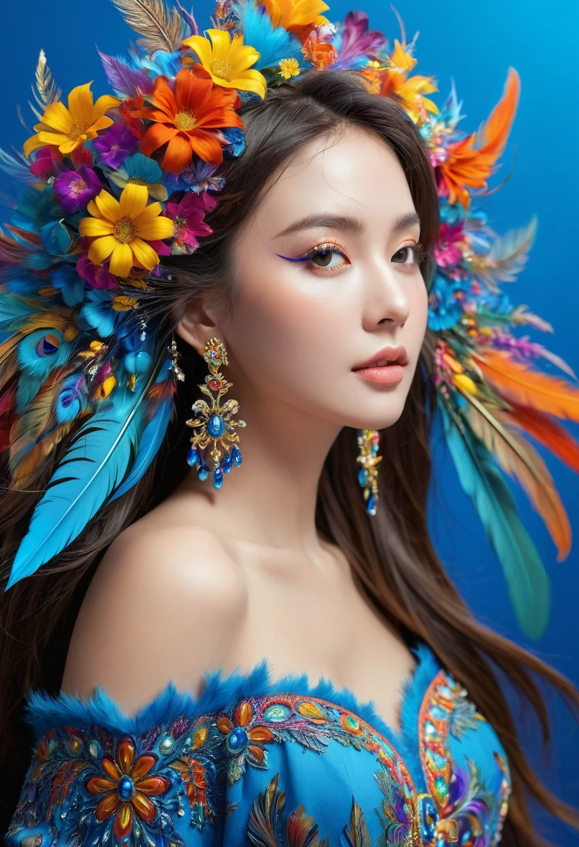 ((Fractal Art)),((masterpiece,best quality,Extremely detailed,Ultra-high resolution,Detailed background)),(((Blue Background))),(1 Girl),((rich and colorful)),Flowers,(Glowing skin),((Many colors)),(earrings),feather