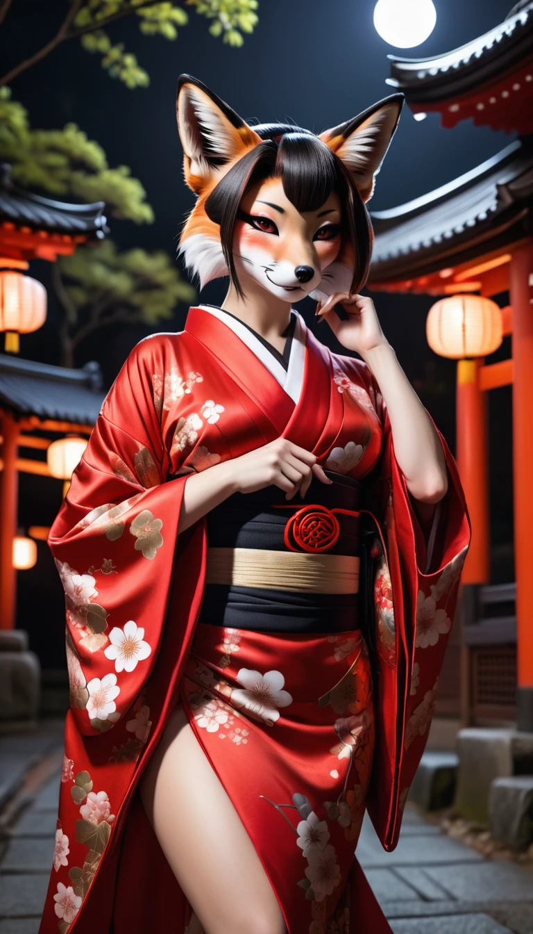 Sexy anthropomorphic fox dressed as a sexy Japanese geisha, Visible cracks, Wearing an open and decorated kimono, Dark Japanese shrine at night, Realistic, High quality photos,