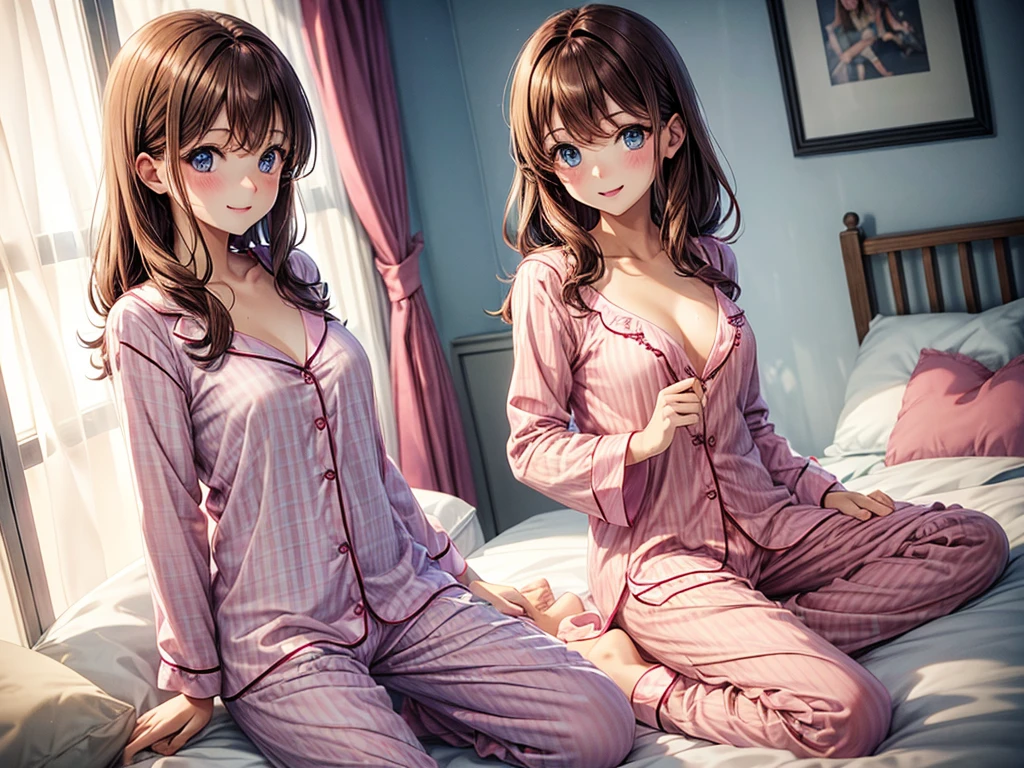 one cute girl, brown hair, blue eyes, (pink pajamas girly), transparent pajamas, in a girl's room, the pajamas are unbuttoned, she smiles, open shoulders, she has little tits, and nice hips, sexy pose, open breasts