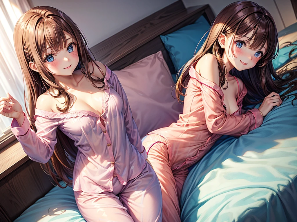 one cute girl, brown hair, blue eyes, (pink pajamas girly), transparent pajamas, in a girl's room, the pajamas are unbuttoned, she smiles, open shoulders, she has little , and nice ,  pose, open 