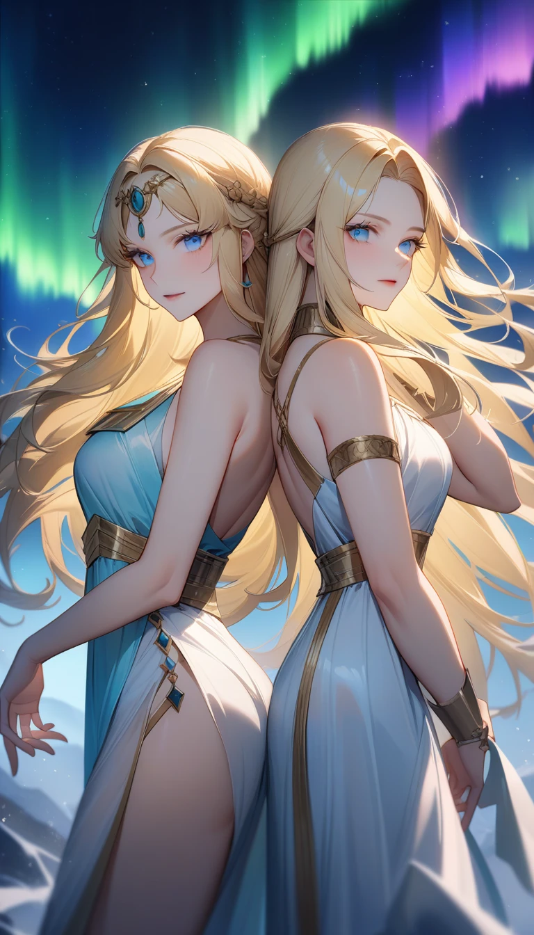 （Huang Li、high quality、Extremely detailed），Constellation - Gemini Goddess，A pair of sisters，Two goddesses back to back，Similar to Latin goodness，brave，capricious，Productivity，The face of enterprising and humanitarianism，Blonde hair，Ancient Greek costumes、Wrap Dress，The background is the aurora，Light crystal blue eyes（Eyes Details），Powerful appearance