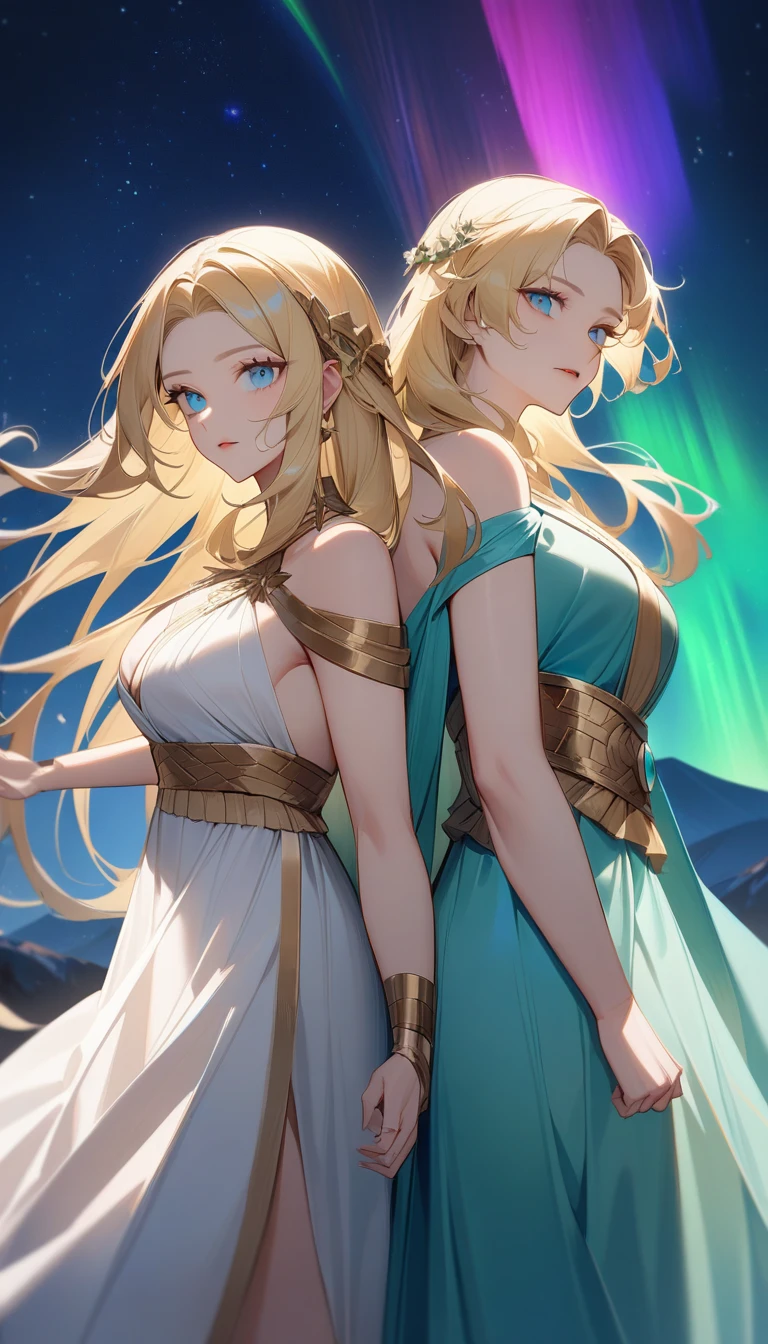 (Huang Li、high quality、Extremely detailed),Constellation - Gemini Goddess,A pair of sisters,Two goddesses back to back,Similar to Latin goodness,brave,capricious,Productivity,The face of enterprising and humanitarianism,Blonde hair,Ancient Greek costumes、Wrap Dress,The background is the aurora,Light crystal blue eyes(Eyes Details),Powerful appearance