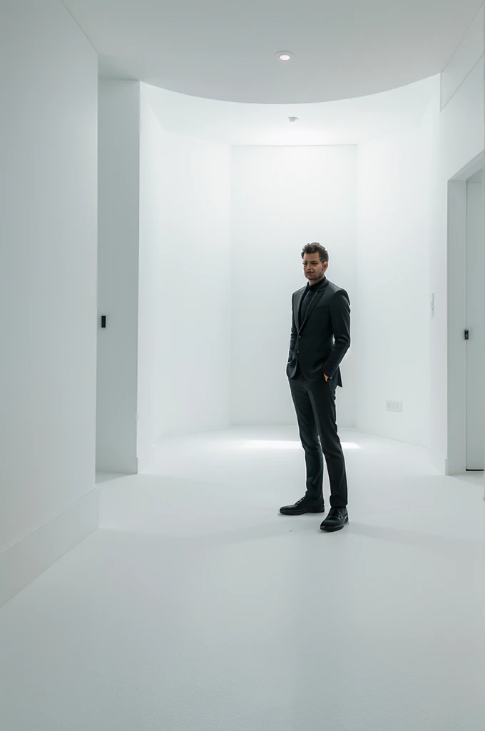 A mysterious man figure standing in the middle of the empty white room.