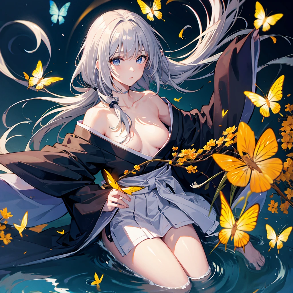 ((High resolution　Gray Hair　Long Hair　Black kimono　Black Band　military commander　Lonely　despair))　((Yellow butterfly　night　Japanese style　shoulder　old　Shining Aura　Japanese garden　water surface))　(dance　Blade of Darkness　Japanese sword　Slashing)　moon　star　Draw your sword　Slashing　Catch the wind　autumn