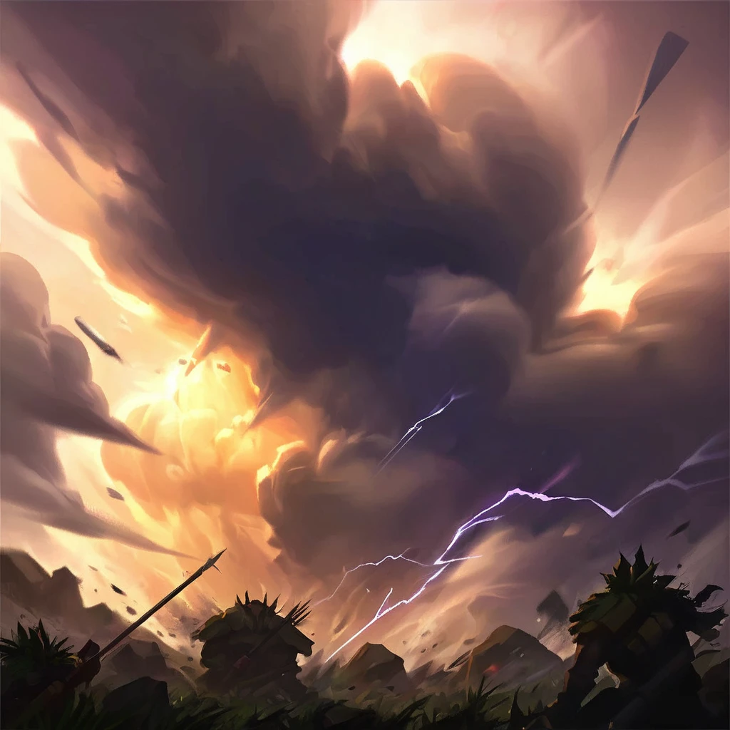 I want an icon of A storm of black clouds appears at the highest point of the scene and from it comes a storm that hits the targets in combat, with rocks, thunder, hail flying everywhere.