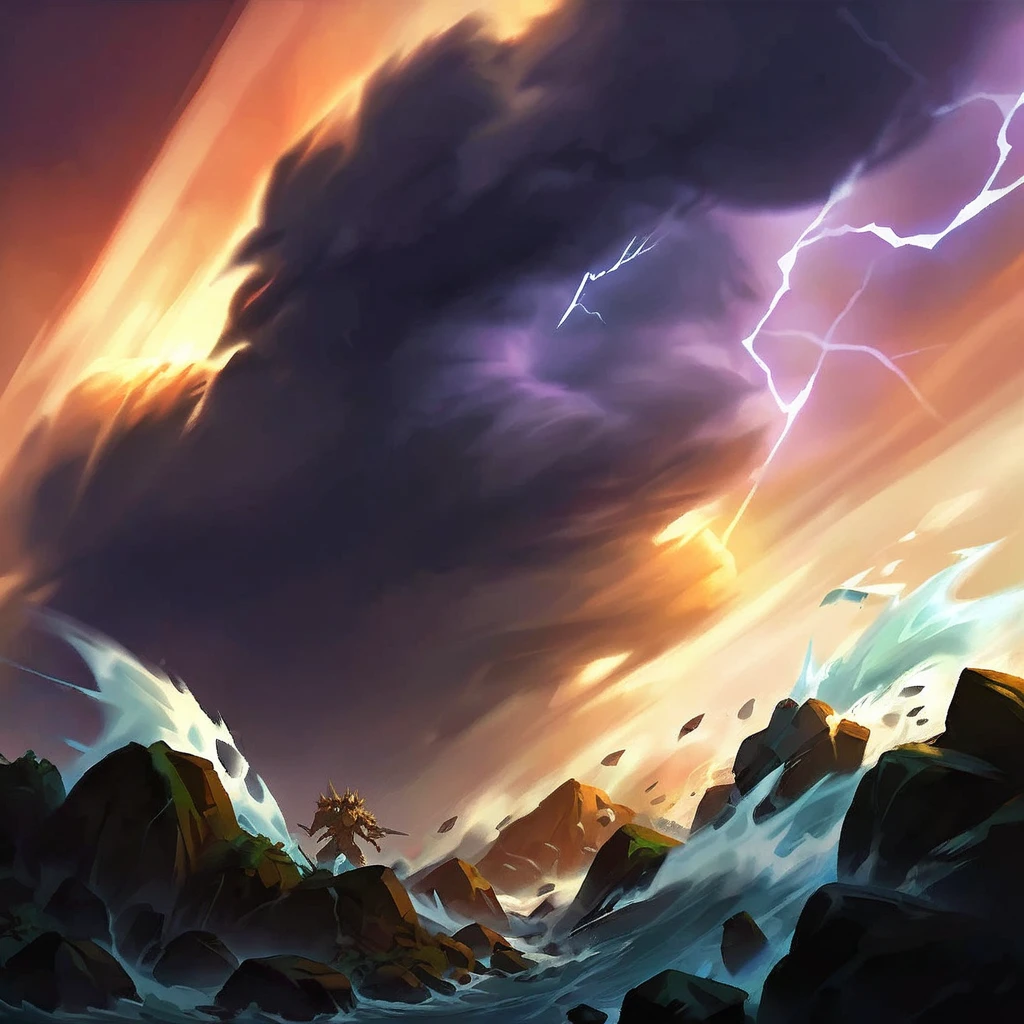 I want an icon of A storm of black clouds appears at the highest point of the scene and from it comes a storm that hits the targets in combat, with rocks, thunder, hail flying everywhere.