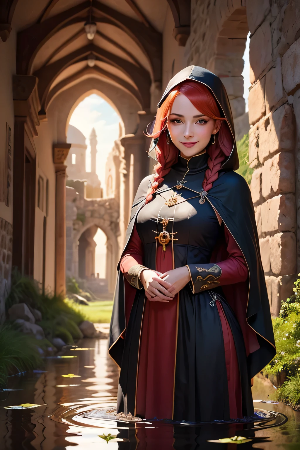 ((best quality)), ((masterpiece)), (detailed), Prize-winning works, with incredible details, maximum textures and details, cloak and hood .Mulher no vestido longo medieval com cloak and hood , portraite , female occultist, Female clergy, medieval woman royalty, olhos gentis, (She has a mischievous smile on her face), Beautiful and feminine face, Glass earrings in the ears,  ((red hair and down in two braids)), ((( medieval dress with elegant decorations))), (Ruins of an ancient castle), (Ruins of an ancient castle), (Deserted ruins), (ruined ruins), (Ruins with clear puddles), (Ruins with clear lagoons), (Ruins with clear calm water), (Ancient ruins with clear water), (twilight), (SUNSET ), (twilight) ,(ripple on water),(running water) , 8K