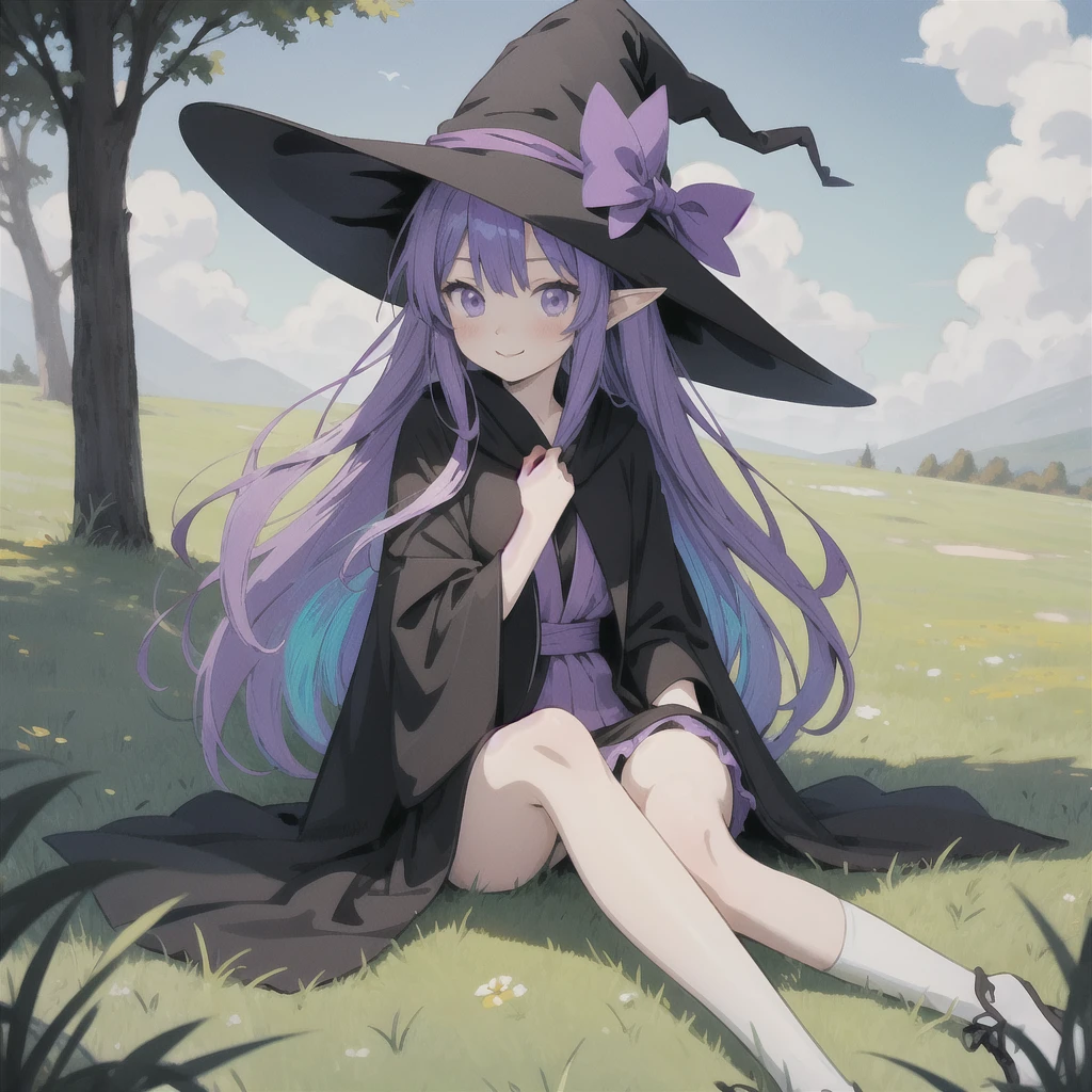 anime girl long purple hair wearing a black Robe. she has pointy ears. Witch Hat. Manga kawaii. iridescent ,An illustration, 0ne person .Sitting in the grass, hair blowing in the wind