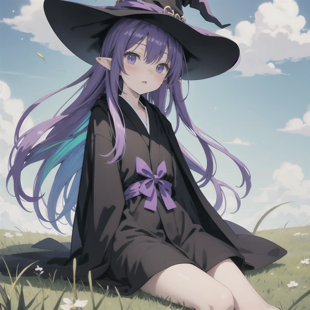 anime girl long purple hair wearing a black Robe. she has pointy ears. Witch Hat. Manga kawaii. iridescent ,An illustration, 0ne person .Sitting in the grass, hair blowing in the wind