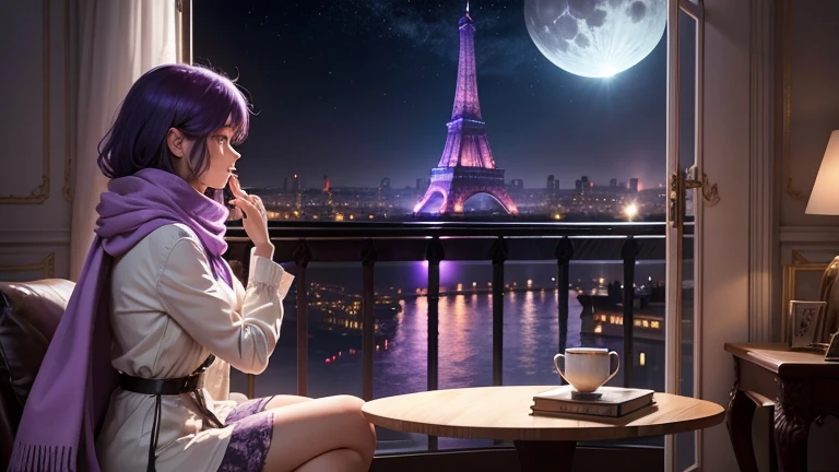 A room facing the sea, there are 23:00 pm, In the City of Paris, A girl, with purple hair and scarf, From Costa to the public, sitting in the armchair, a balcony facing glass walls fogged from the intense cold, a Persian cat by your side, a piano in the living room, dark night with little fog, full moon with energy flow, the Eiffel Tower in the center of the moon, silver energy tides, Premonition, real scenario, I DON'T WANT HUMANS, There is a flow of energy, very real scenario, clear shades of purple and blue, ultra details.