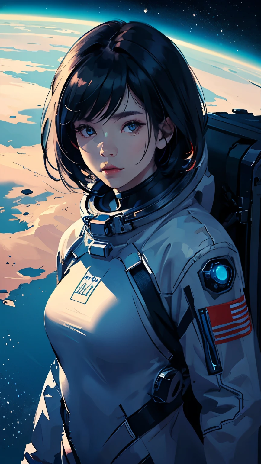 Vector art、 Looking at the camera、whole body、Black Hair、Shortcuts、Space Suit White、Space Background、Flying through space、Predominant blue light、High resolution、High resolution、Graphic Style、Maximum resolution 、Asian、Shortcutoderate bust、woman