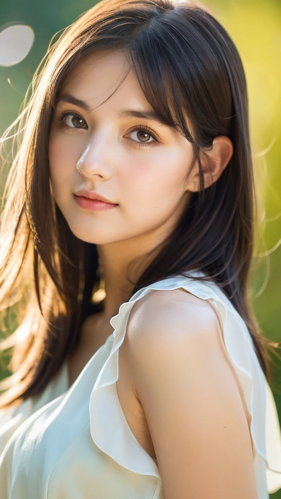 (Random Nationality):1.5, masterpiece, Highest quality, 8K, 20th Generation, (Large Breasts:1.2), cute, alone, sad, close, cute, Girlish, Delicate girl, Pure beauty, RAW Photos, Professional photography, Portraiture, Soft Light, Professional Lighting, Backlight, Upper Body, avert your eyes, Sophisticated, Film Grain, (Eyes and facial details:1.0), Beautiful straight hair, Hair swaying in the wind, Silk blouse, Random hairstyle