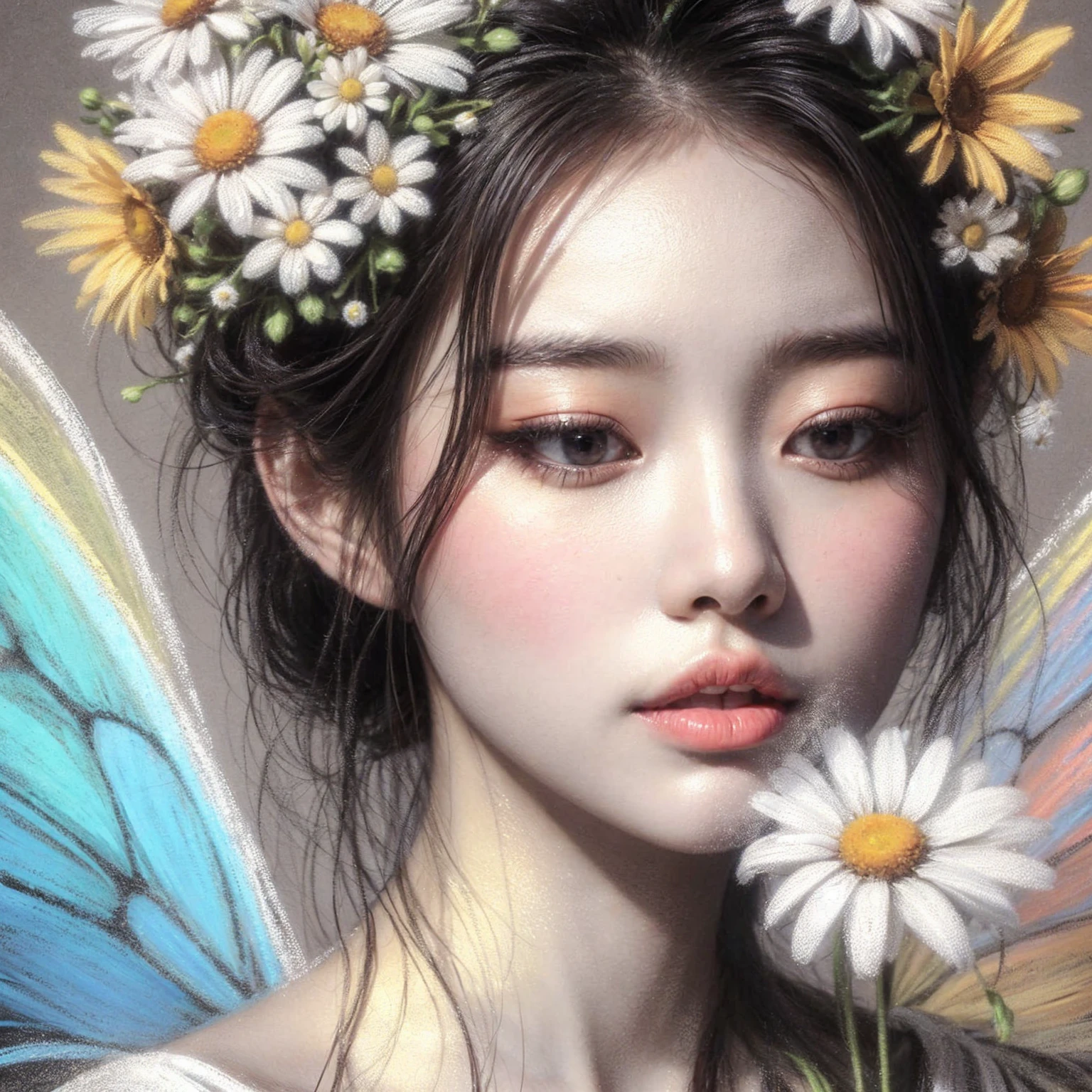 korean women, chalk portrait of a beautiful fairy, with flawless skin, and a daisy, complementary colours, artistic, painterly.bold gray background