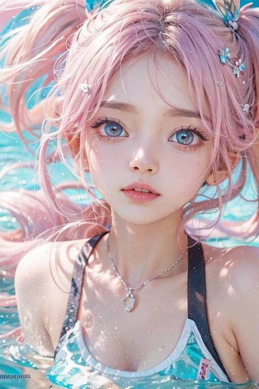 Light pink hair, Pink Eyes, Pink and white, blue sky, Brightly colored swimsuit、Splash, Light Racing, Wavy long hair、Splash、Light of the sun、Pigtails