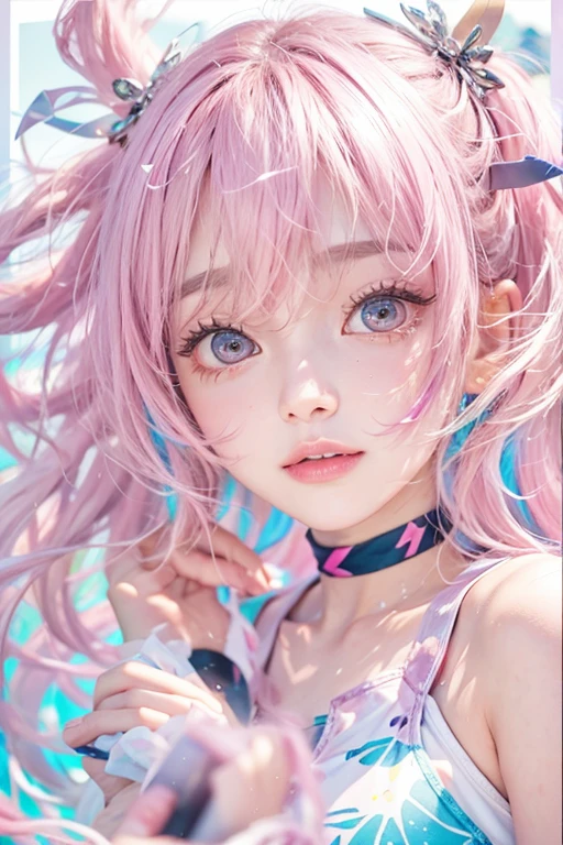 Light pink hair, Pink Eyes, Pink and white, blue sky, Brightly colored swimsuit、Splash, Light Racing, Wavy long hair、Splash、Light of the sun、Pigtails