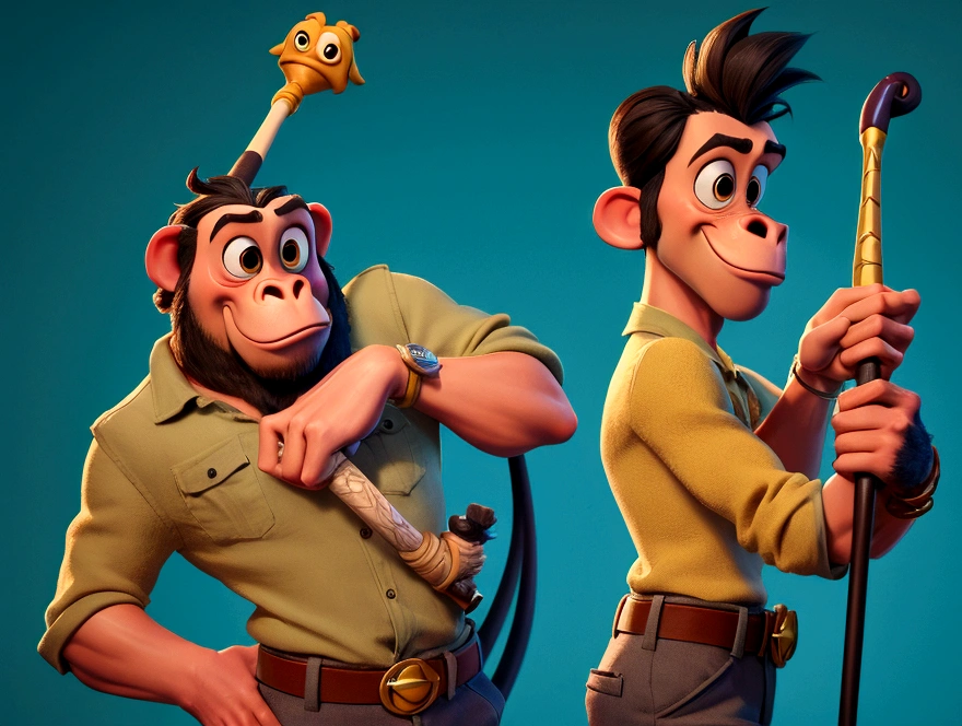 disney pixar style primate man ,holding a club 