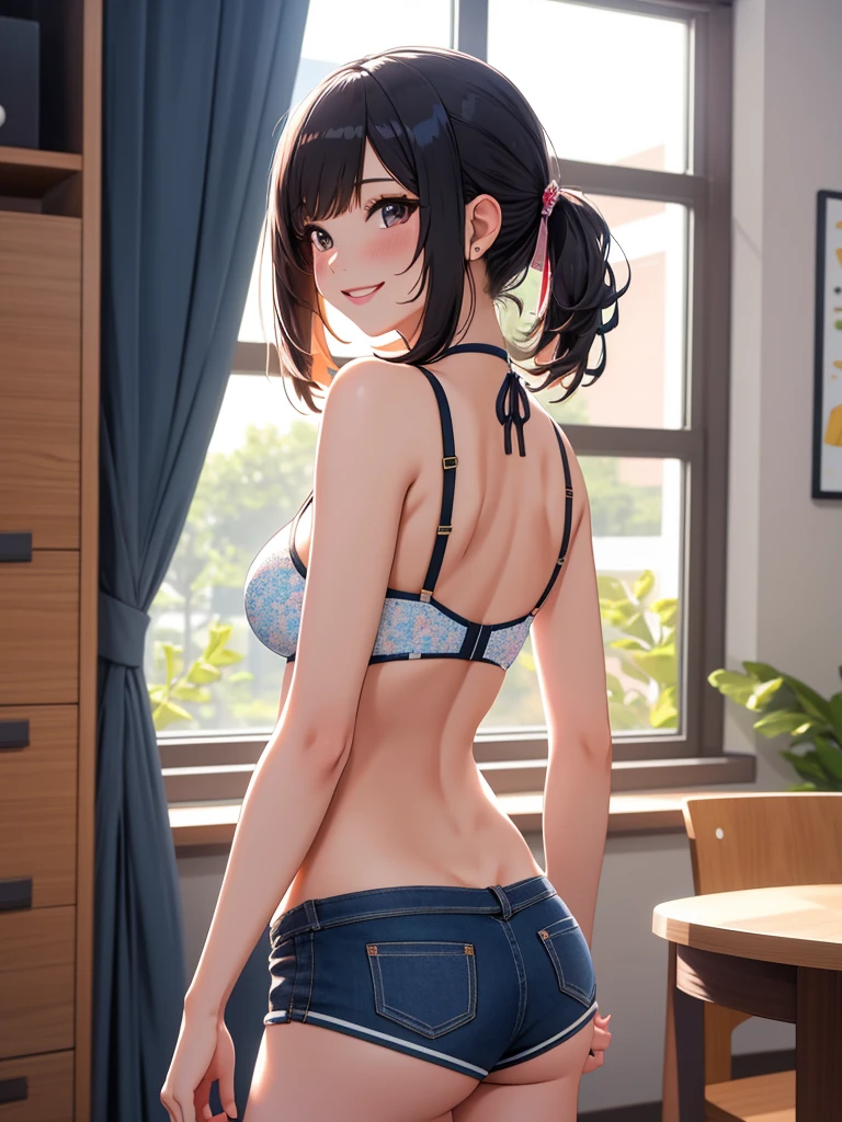 best quality, 1girl, masterpiece ultra detailed, illustration, glossy lips, indoors, standing, (short shorts, micro_shorts, bikini top), light smile, looking back at viewer