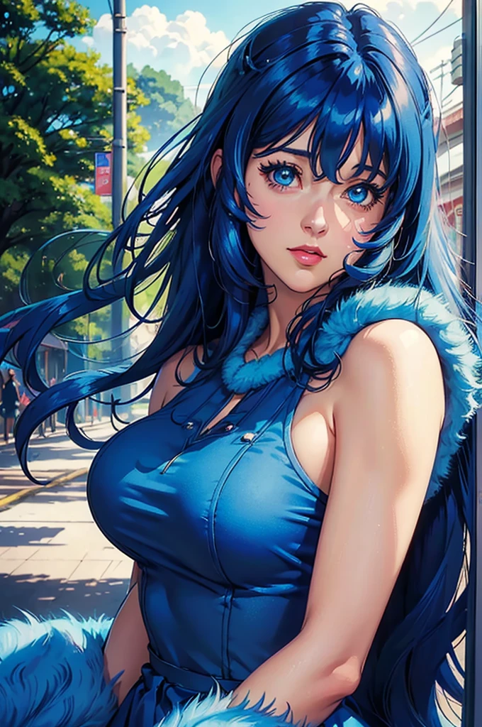 (((Masterpiece ,Best Quality, Highest quality realistic retro anime...))),(((Style Zooey Deschanel))), blue dress, top wo nerae!, 1 girl, alone, ((hyper realistic long blue fur)), looking at the viewer, SMILE, Hits,White shirt ,((very detailed and realistic light blue eyes)), Closed mouth, (((Masterpiece ,Best Quality, Highest quality realistic retro anime...))),(((Style lynn minmay ))), blue dress, top wo nerae!, 1 girl, alone, ((hyper realistic long blue fur)), looking at the viewer, SMILE, Hits,highly detailed light blue eyes shirt, Closed mouth, blue fur, exterior, sky, day, cloud, tree, blue sky, lips, separate blows, eyelashes, make up, light SMILE, lipstick, portrait, close up, ((retro Best Quality, hyper realistic highest quality artStyleo)), 1980s  ,fine blue hair with very real details))exterior, sky, day, cloud, tree, blue sky, lips, separate blows, eyelashes, make up, light SMILE, lipstick, portrait, close up, ((retro Best Quality, hyper realistic highest quality artStyleo)), 1980s (Style