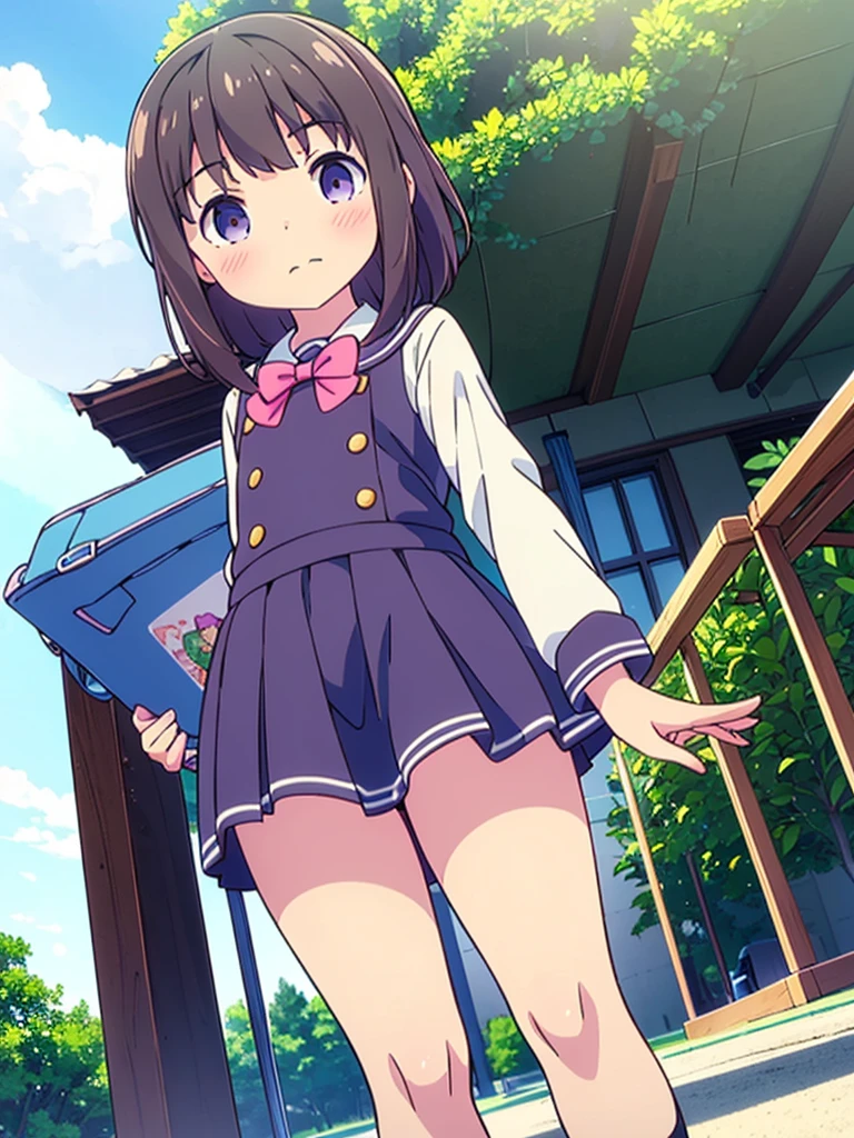 (High quality), (masterpiece), (very detailed), girl, (very small bust), short brown hair, purple eyes, shy face, (primary school ****), showing her thighs, on the school yard, sunny, camera angle from below, adorable eyes, (primar school uniform)