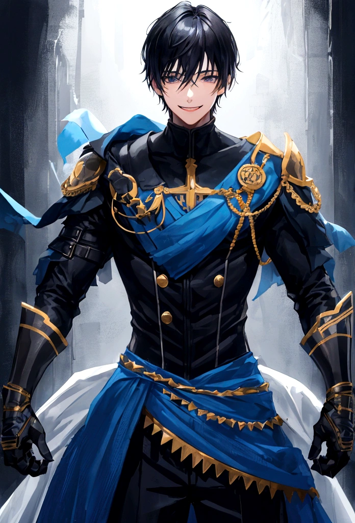 1boy, black hair with blue underlight, black eyes, smiling mischeviously, tall, dark background