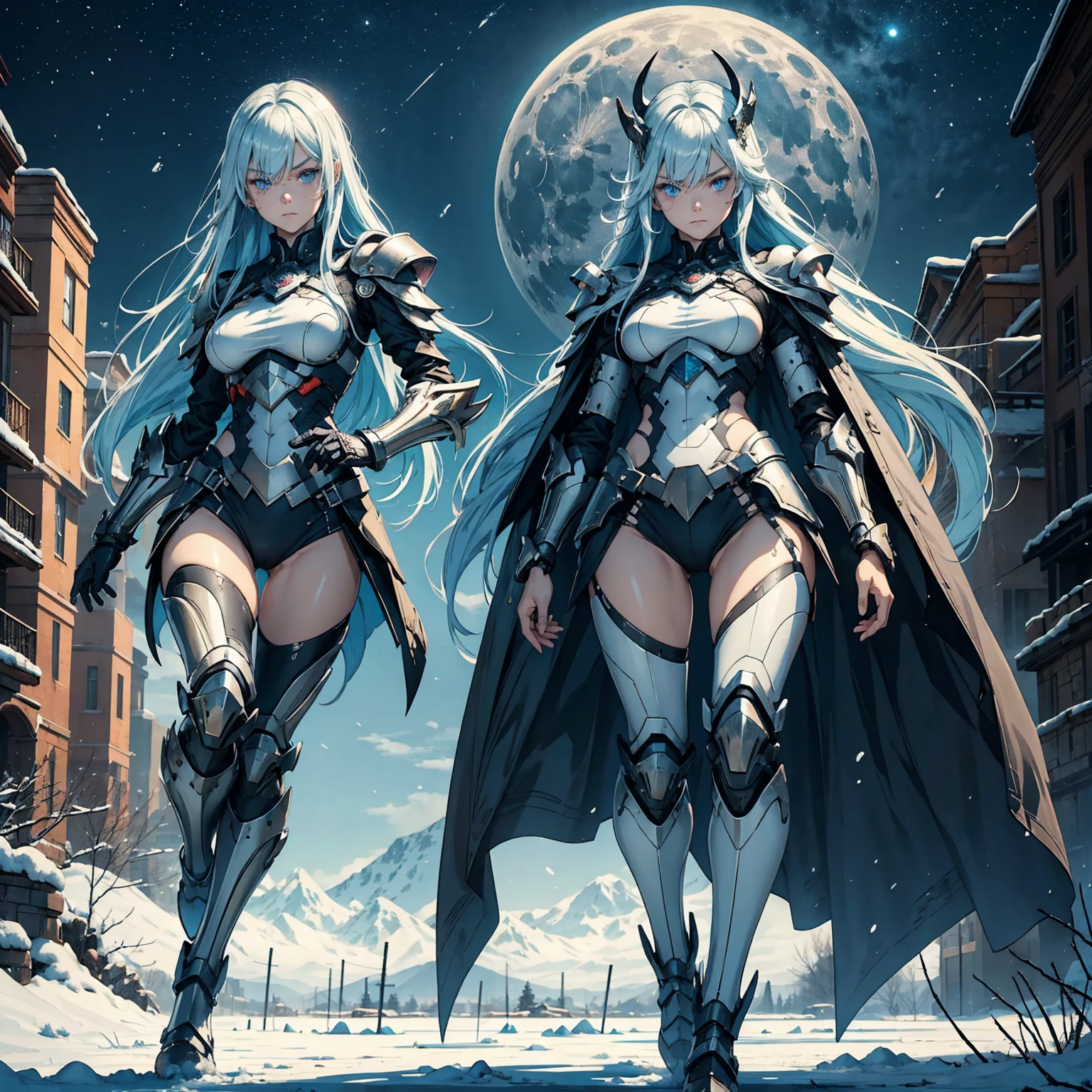 mature 1girl, very long bob hair with bangs, light blue hair, very small breasts, small size, blue eyes, fair skin, very lots scars on body, no scars on face, serious face, Small battle armor, full body, night, moon, snowy ruin, very sexy body, detailed face, highly detailed, 8k, best quality, masterpiece, vibrant colors, digital art, concept art