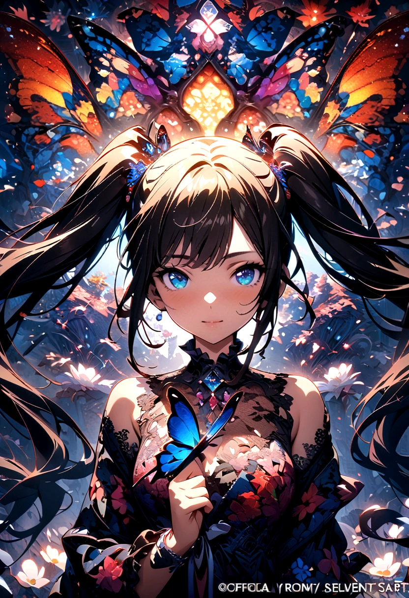 (masterpiece, Top quality, best quality, Official Art, beautiful and aesthetic:1.2), (1 Girl), long_twintails, Extremely detailed,(Fractal Art:1.3),rich and colorful,The most detailed,Upper Body, [Lace],[Jewelry],[flower],[[Butterfly]],