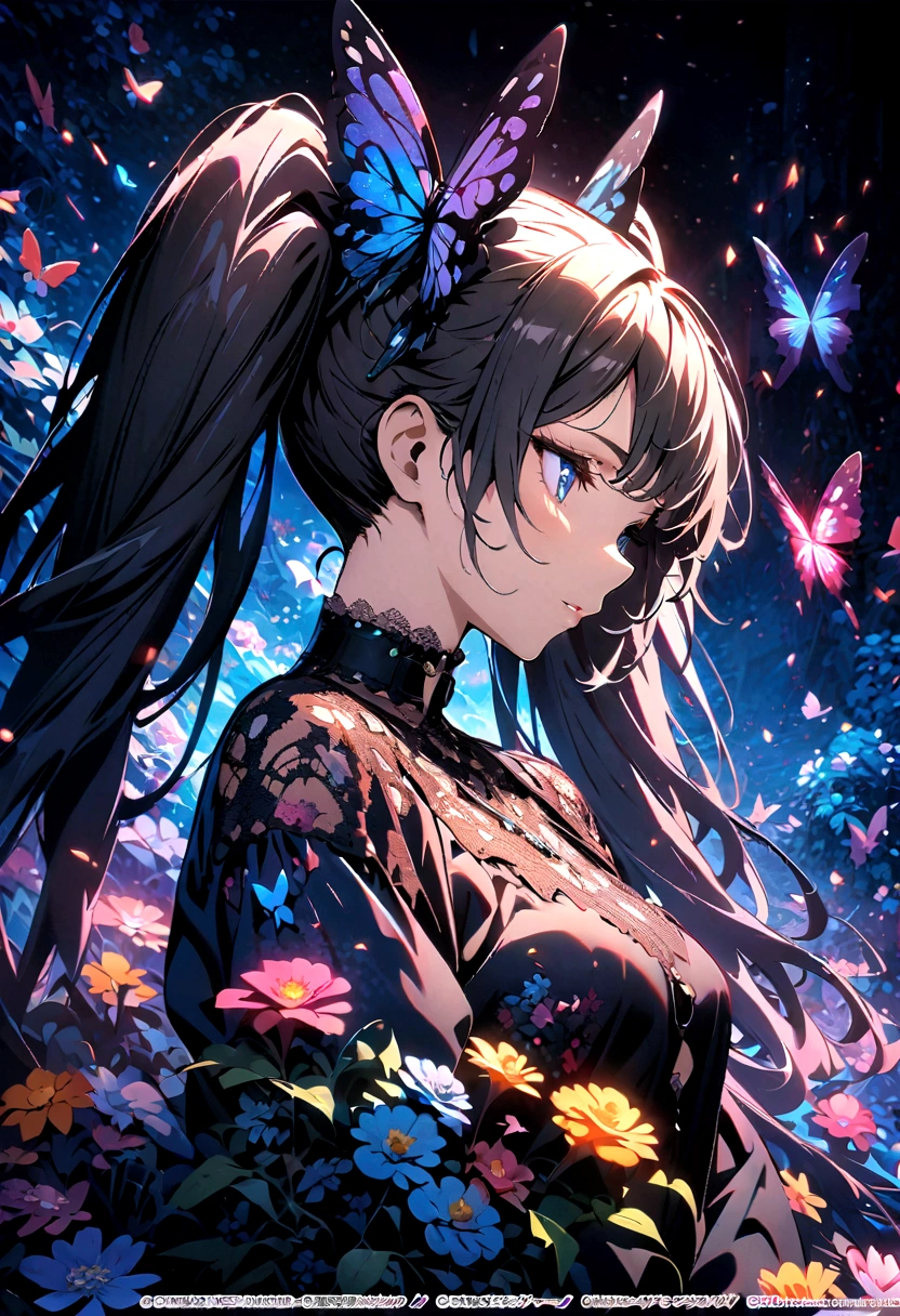 (masterpiece, Top quality, best quality, Official Art, beautiful and aesthetic:1.2), (1 Girl), long_twintails, Extremely detailed,(Fractal Art:1.3),rich and colorful,The most detailed,Upper Body, [Lace],[Jewelry],[flower],[[Butterfly]],