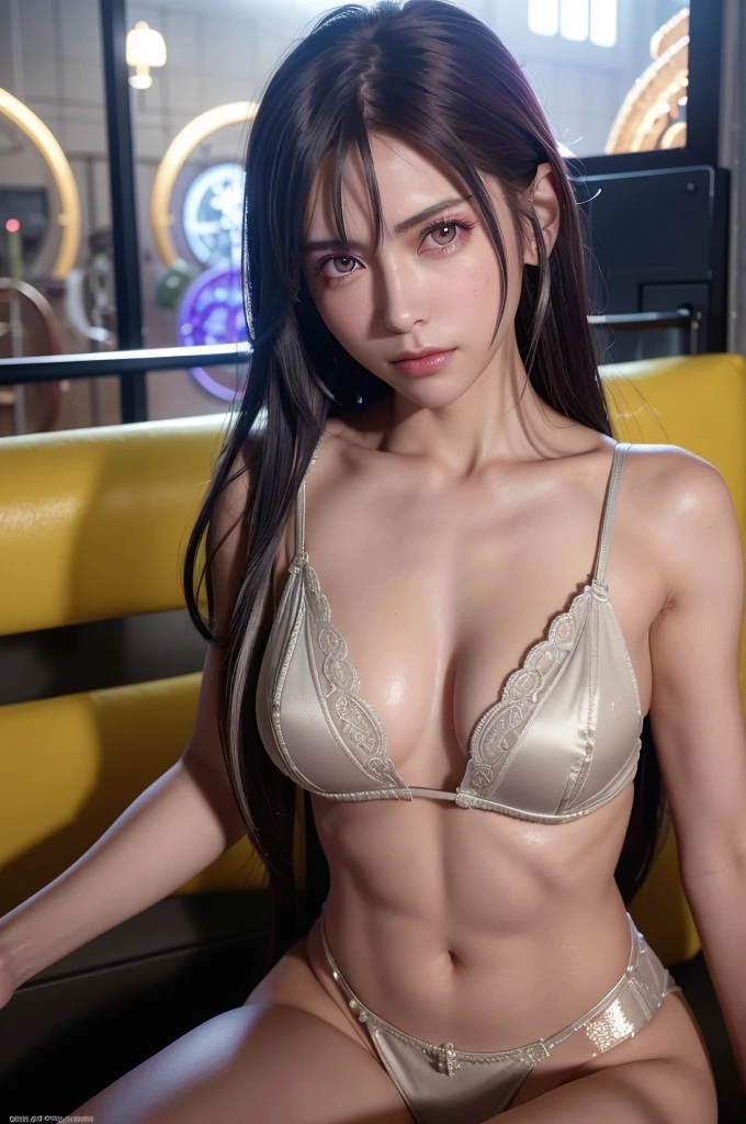 Top Quality, Masterpiece, Ultra High Resolution, (Photorealistic: 1.4), Raw Photo, 1 Girl, White Hair, Glossy Skin, 1 Mechanical Girl, (Ultra Realistic Details)), Portrait, Global Illumination, Shadows, Octane Rendering, 8K, Ultra Sharp, Big, Cleavage Exposed Raw Skin, Metal, Intricate Ornament Details, Cold Color, Egyptian details, very intricate details, realistic light, CGSoation trend, purple eyes, glowing eyes, facing the camera, neon details, mechanical limbs, blood vessels connected to tubes, mechanical vertebrae attached to the back, mechanical cervical attachment to the neck, sitting, wires and cables connecting to the head, evangelion, small LED lamp,