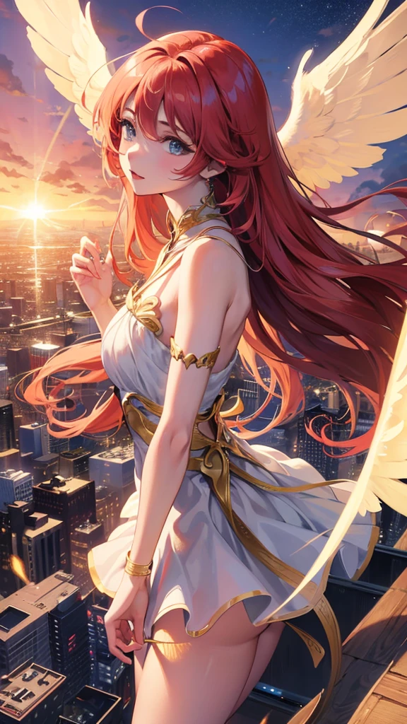 Highest quality, masterpiece, Ultra-high resolution,Anime girl with wings flying over a city at dusk, Spread your wings, Beautiful anime artwork, anime art wallpaper 4k, anime art wallpaper 4k, Beautiful anime art, She has angel wings on her back, Anime Art Wallpapers 8K, Magnificent angel wings, Anime Style 4k, by Yuumei, Spectacular artwork of anime, Wings made of light, Beautiful angel girl