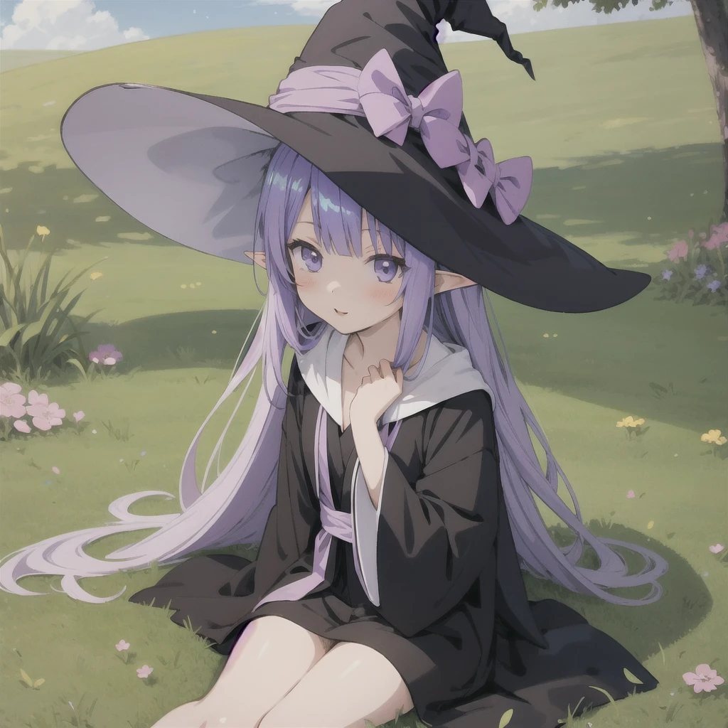 anime girl long purple hair wearing a black Robe. she has pointy ears. Witch Hat. Manga kawaii. iridescent ,An illustration, 0ne person .Sitting in the grass, hair blowing in the wind