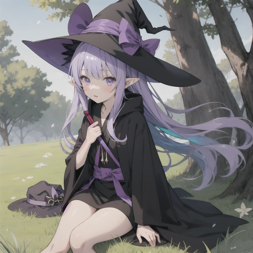 anime girl long purple hair wearing a black Robe. she has pointy ears. Witch Hat. Manga kawaii. iridescent ,An illustration, 0ne person .Sitting in the grass, hair blowing in the wind