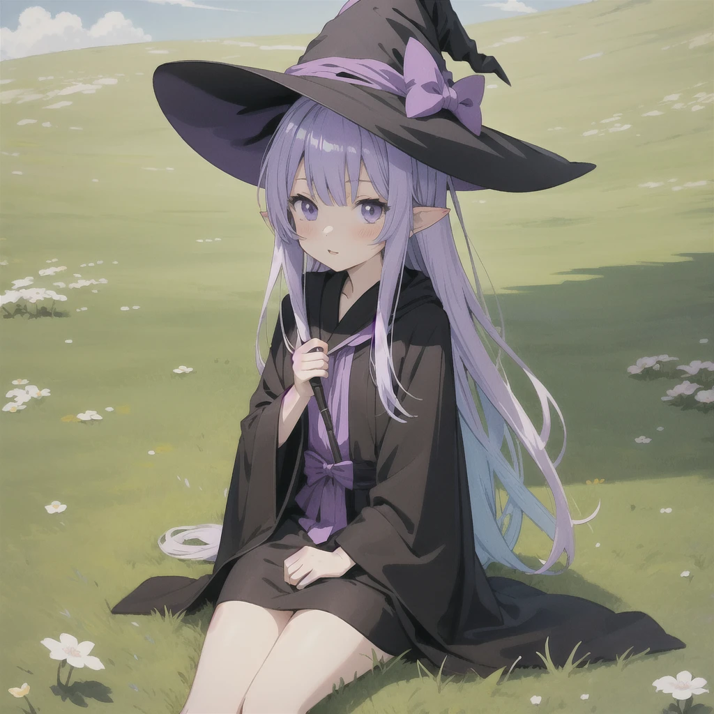 anime girl long purple hair wearing a black Robe. she has pointy ears. Witch Hat. Manga kawaii. iridescent ,An illustration, 0ne person .Sitting in the grass, hair blowing in the wind