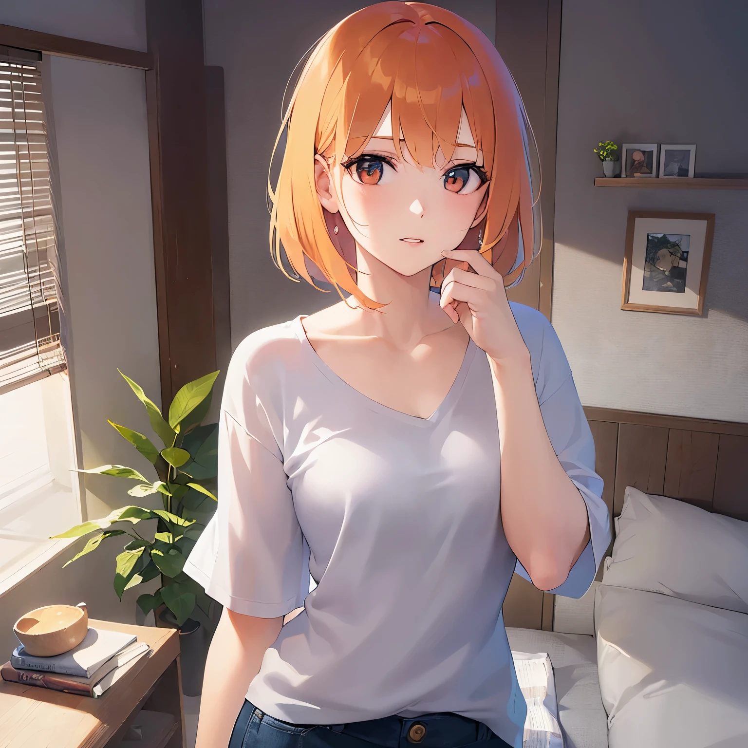 (looking away:1.5),Upper Body, Realistic, real person, (pale skin: 1.2), RAW photo, photorealistic, shiny skin, shiny hair、(A 25-year-old woman with a bob cut and bangs) and (orange hair) and (Orange Eyes) , Wearing a white V-neck T-shirt 、 worried, The background is the living room、Alone、Are standing,finger to mouth